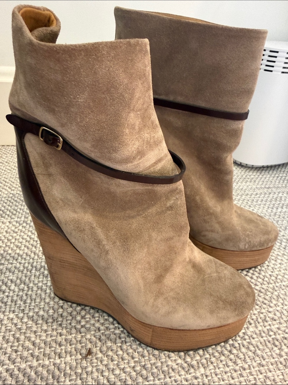 Chloe Taupe Suede Wedge Ankle Boots with Brown Strap